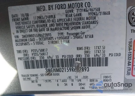 2009 Mercury Milan V6 Premier z USA, uszkodzony, nr VIN 3MEHM02159R622893